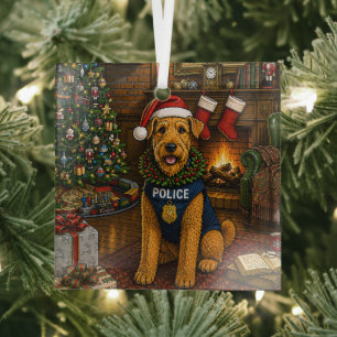 Airedale Terrier Police Holiday Glass Ornament