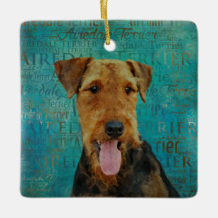 Airedale Terrier Portrait on Word Art Ceramic Ornament
