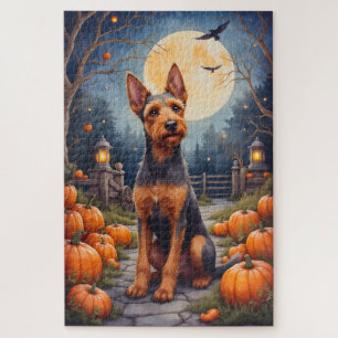 Airedale Terrier Rustic Halloween Pumpkin Patch Jigsaw Puzzle