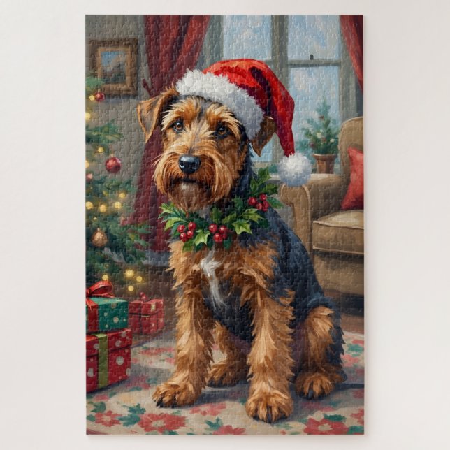 Airedale Terrier Santa Hat Christmas Fun Art Jigsaw Puzzle (Vertical)