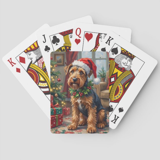 Airedale Terrier Santa Hat Christmas Fun Art Playing Cards (Back)