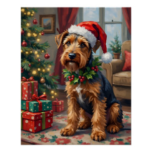 Airedale Terrier Santa Hat Christmas Fun Art Poster