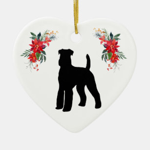 Airedale Terrier Silhouette with Name Poinsettia Ceramic Ornament