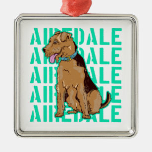 Airedale terrier sitting down metal ornament