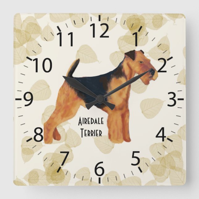 Airedale Terrier ~ Tan Leaves Design Square Wall Clock (Front)
