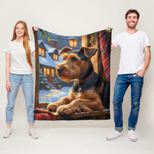 Airedale Terrier With Christmas Lights Holiday  Fleece Blanket