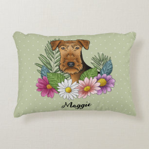 Airedale Terrier With Colourful Flowers And Name Accent Pillow