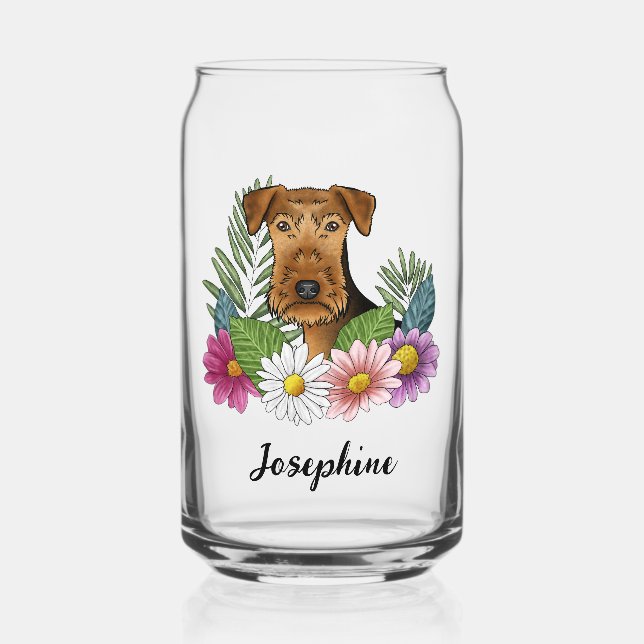 Airedale Terrier With Colourful Flowers And Name Can Glass (Front)