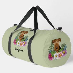 Airedale Terrier With Colourful Flowers And Name Duffle Bag