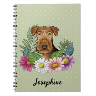 Airedale Terrier With Colourful Flowers And Name Notebook