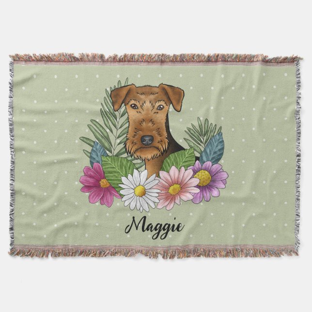 Airedale Terrier With Colourful Flowers And Name Throw Blanket (Front)