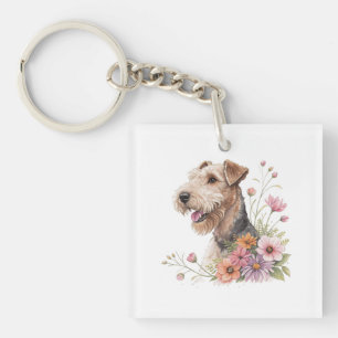 Airedale Terrier With Flowers Keychain