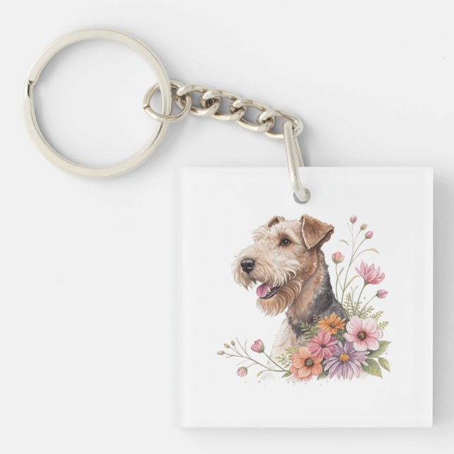 Airedale Terrier With Flowers Keychain (Front)