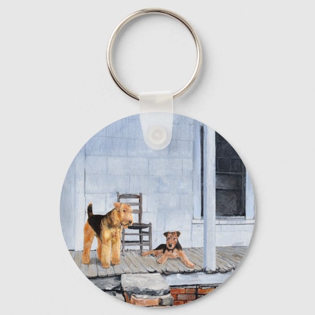 Airedale Terriers on the Veranda Keychain (Front)