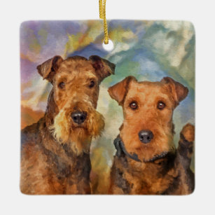 Airedale Terriers Portrait Mixed Media Ceramic Ornament