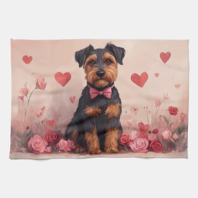 Airedale with Roses - Valentine's Day Kitchen Towel (Horizontal)