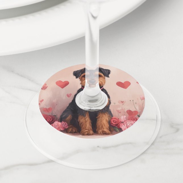 Airedale with Roses - Valentine's Day Wine Glass Tag (Close Up)
