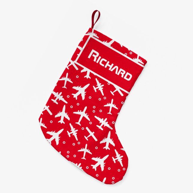 Airline Pilot Red and White Airplane Patterned Small Christmas Stocking (Front (Hanging))