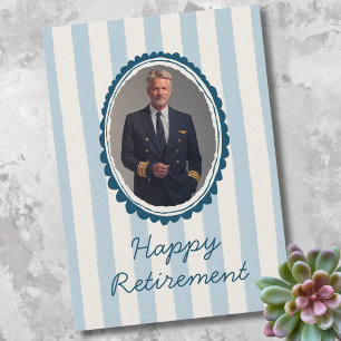 Airline Pilot Retirement Photo Blue Ivory Stripes Holiday Card