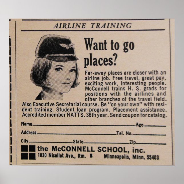 Airline Stewardess Retro Flight Attendant Poster (Front)