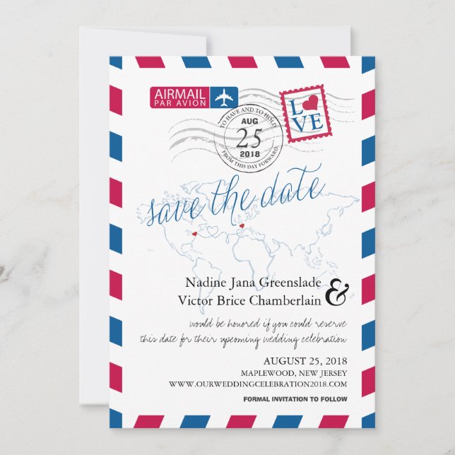 Airmail Heart New Jersey and France Save the Date (Front)