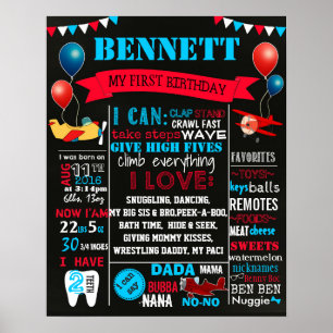 Airplains First Birthday chalkboard sign,16x20 Poster