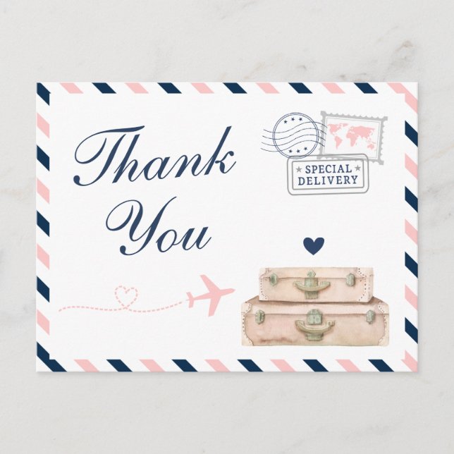 Airplane Airline Travel Wedding Shower Thank You Postcard (Front)
