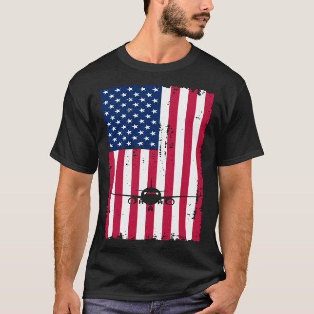 Airplane American Flag Pilot Jet Aviation T-Shirt (Front)