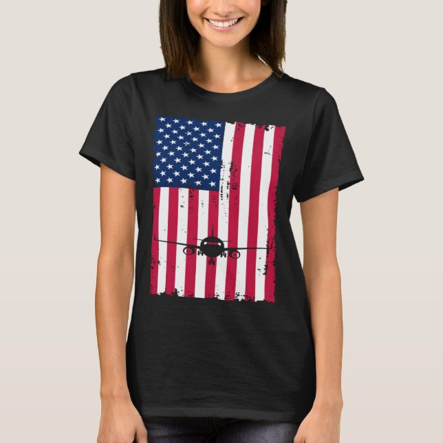 Airplane American Flag Pilot Jet Aviation T-Shirt (Front)