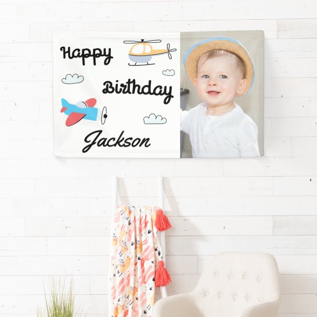 Airplane and Helicopter Photo Happy Birthday Banner (Insitu)
