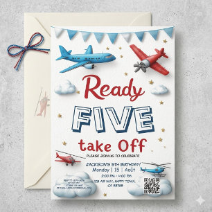 Airplane Aviation 5th Birthday Ready Five Take Off Invitation