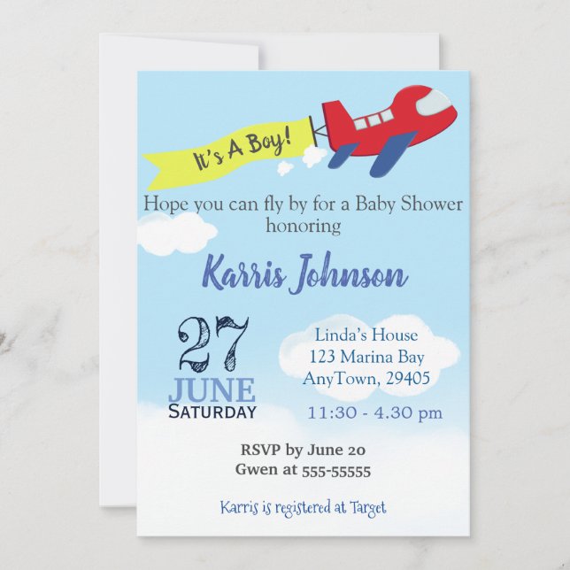 Airplane Baby Boy Shower Invitation Sky Blue (Front)