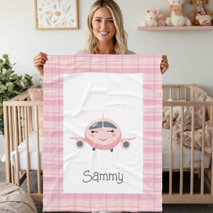 Airplane Baby Girl Pink Grey Cute Baby Shower Fleece Blanket