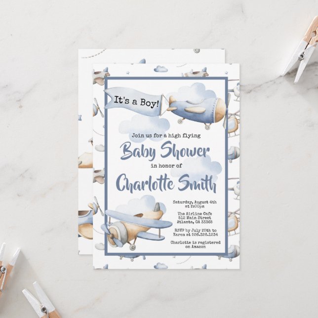 Airplane Baby Shower invitation (Front/Back In Situ)