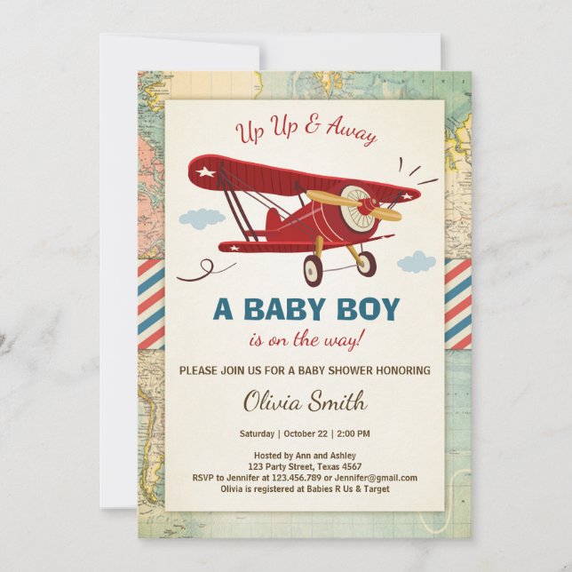 Airplane Baby Shower Invitation Travel Adventure (Front)