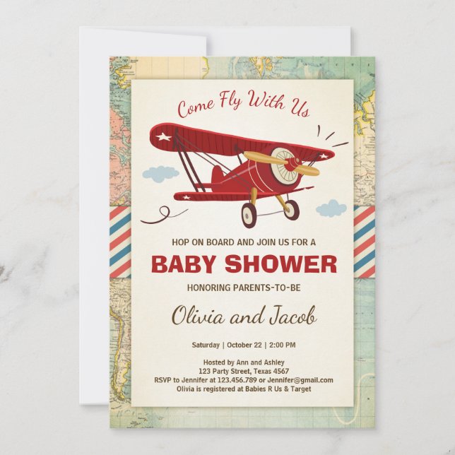 Airplane Baby Shower Invitation Travel Adventure (Front)