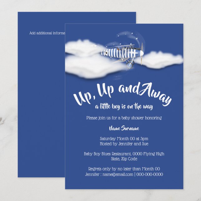 Airplane baby shower travel boys blue invitation (Front/Back)
