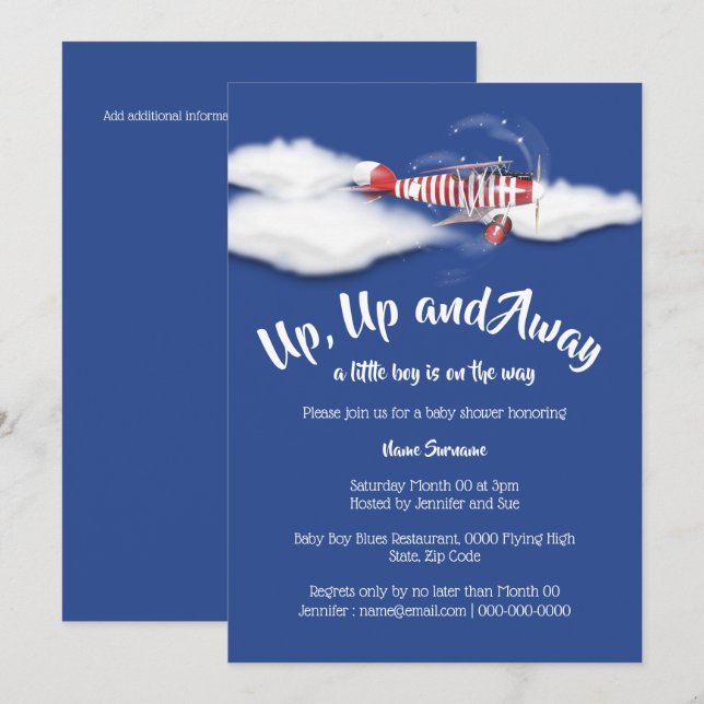 Airplane baby shower travel boys blue red invitation (Front/Back)