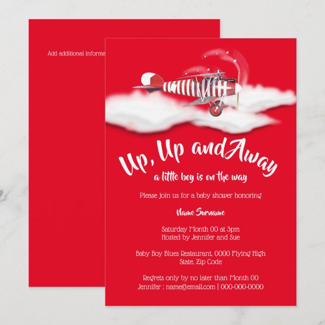 Airplane baby shower travel boys vintage red invitation (Front/Back)