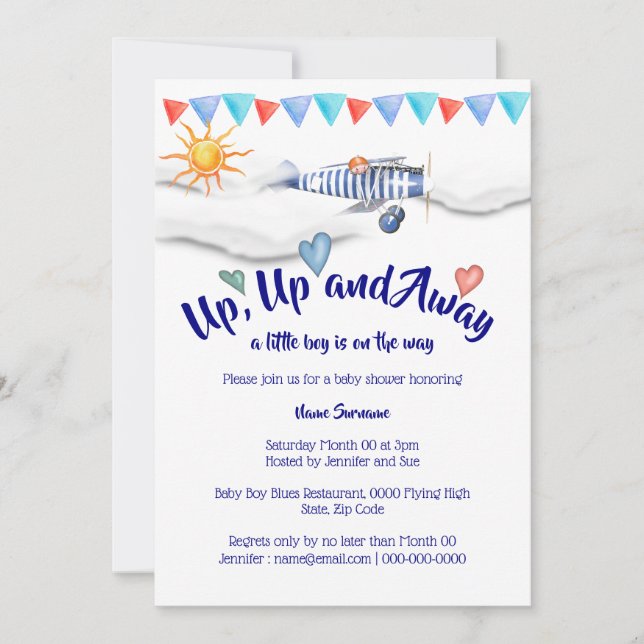 Airplane baby shower vintage travel boys birth invitation (Front)