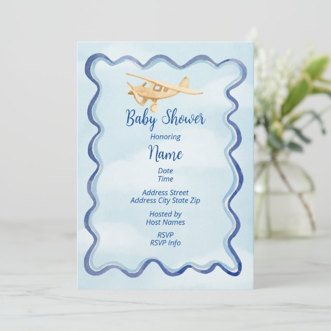Airplane Baby Shower Watercolor Invitation (Standing Front)