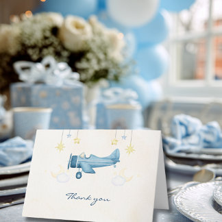 Airplane Baby Shower Whimsical Boy Baby Welcome  Thank You Card