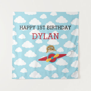 Airplane Backdrop Boy Birthday Banner Pilot Cloud Tapestry