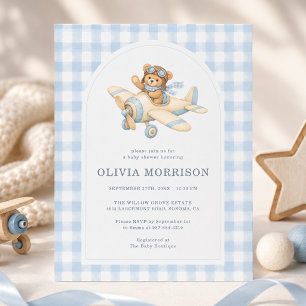 Airplane Bear Blue Gingham Boy Baby Shower Invitation