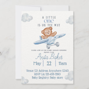 Airplane Bear Little One on the Way Baby Shower Invitation