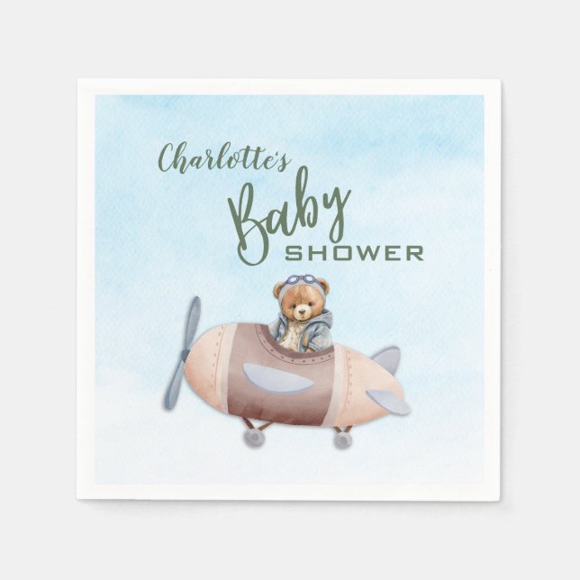 Airplane Bear Pilot Baby Shower Paper Napkin (Front)