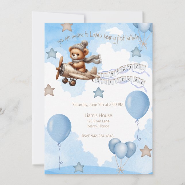 Airplane Bear-y first birthday blue Invitation (Front)