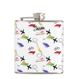 Airplane Bicycle Book Red Yellow Blue White Hip Flask