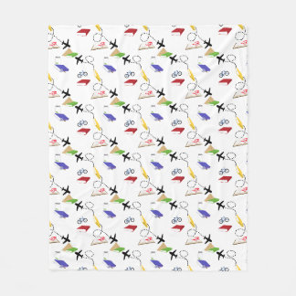 Airplane, Bicycle, Books, Red, Yellow, Blue Travel Fleece Blanket