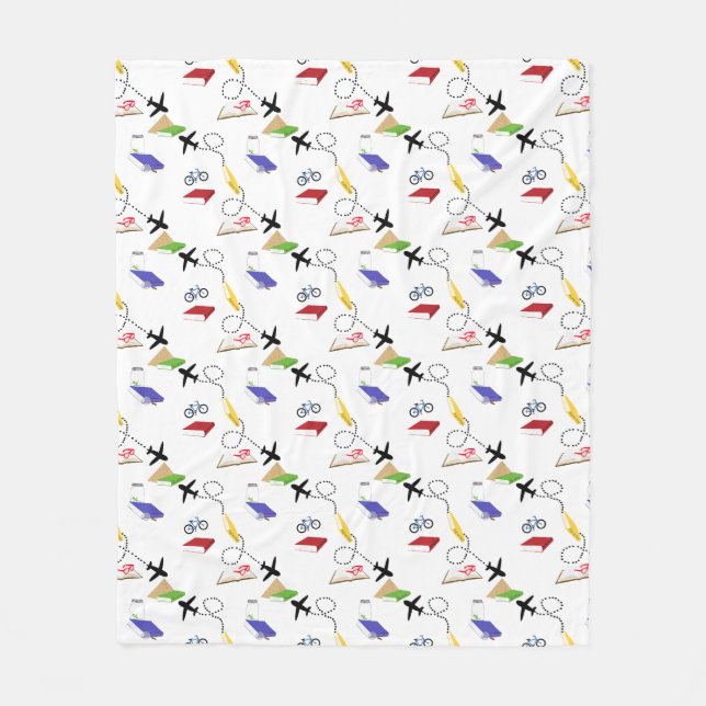 Airplane, Bicycle, Books, Red, Yellow, Blue Travel Fleece Blanket (Front)